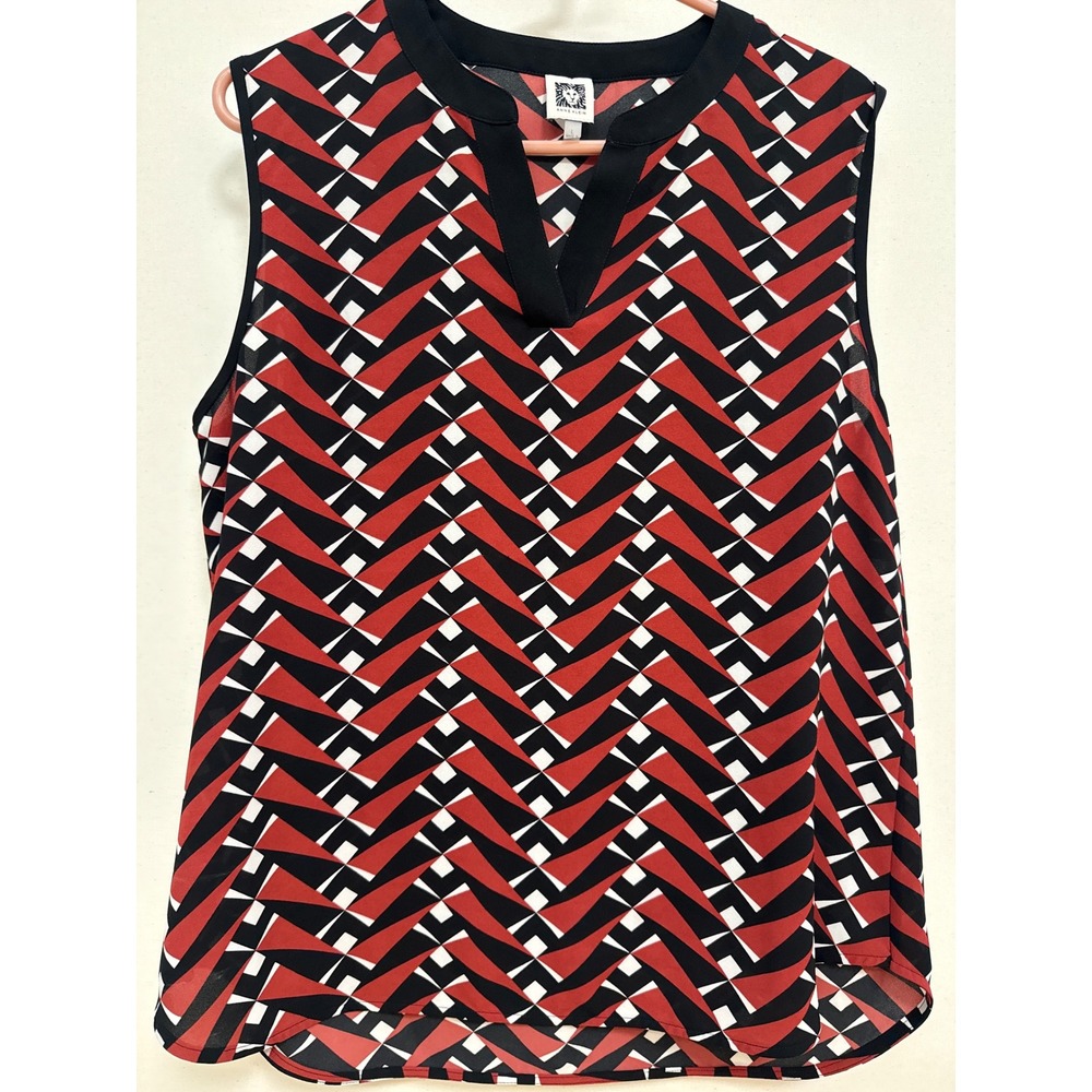 Anne Klein Red Black White Geometric Chevron Sleeveless V-Neck Blouse Large